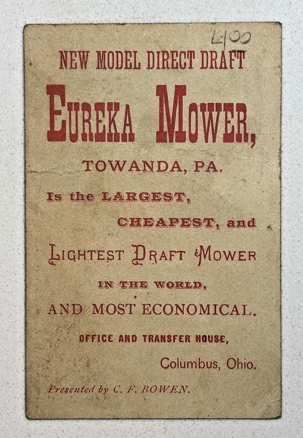 VICTORIAN TRADE CARD: 1870-1890 – Eureka Mower – Towanda Pennsylvania