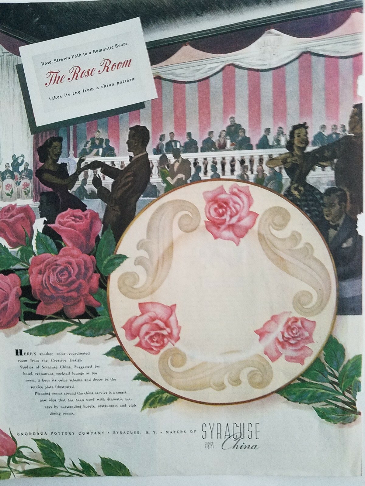 1948 Onondaga pottery Co Syracuse China The Rose Room pattern plate vintage ad