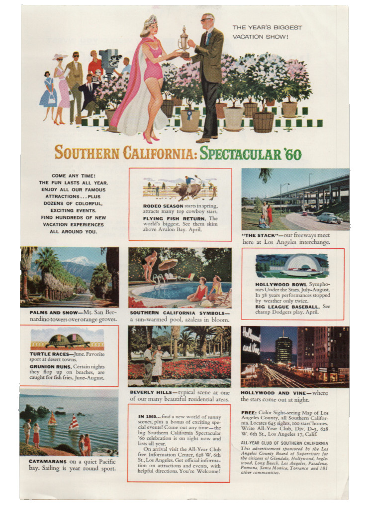 Vintage Southern California Travel 1960 Print Ad All Year Club Hollywood Bowl