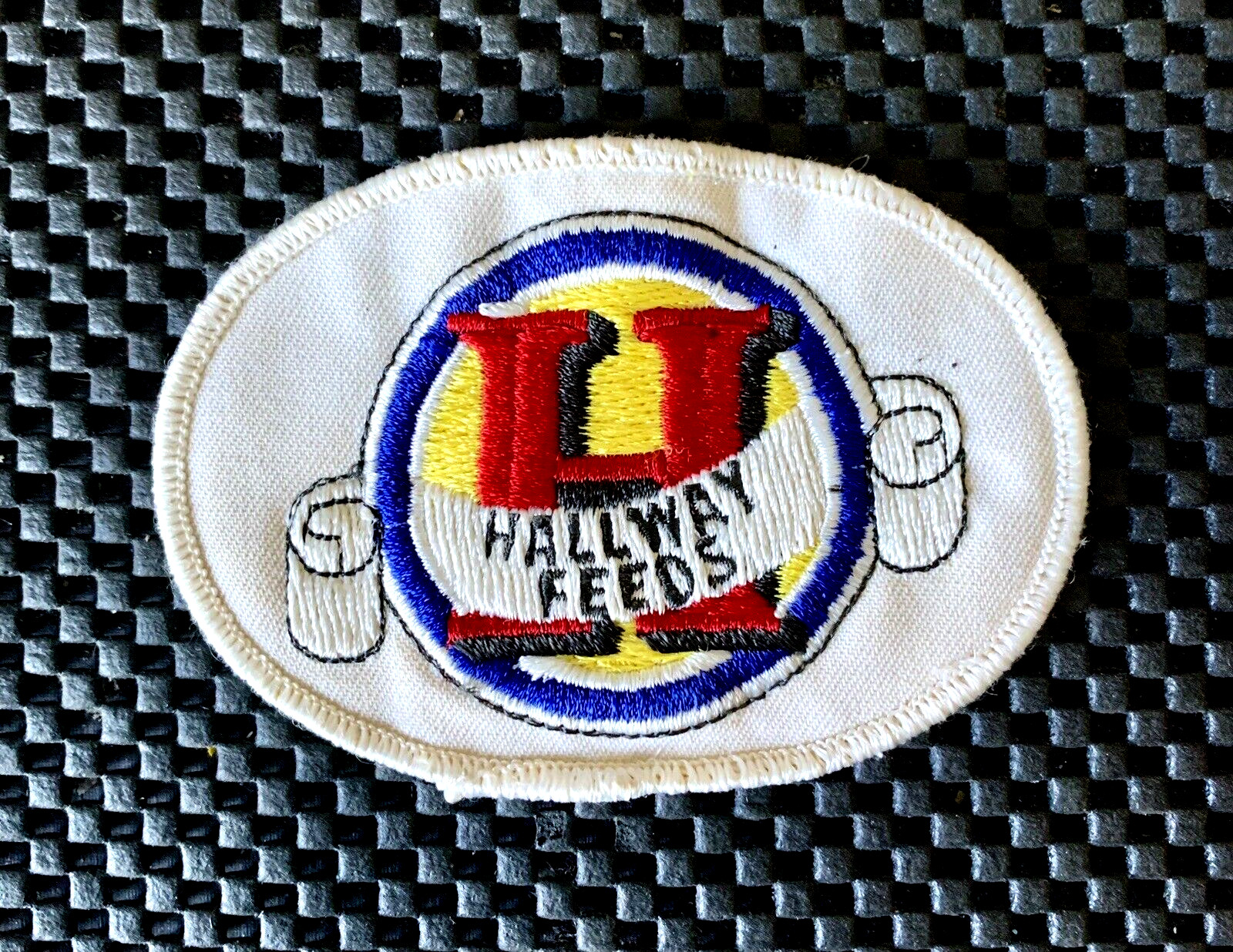 HALLWAY FEEDS EMBROIDERED SEW ON ONLY PATCH FARMING HORSE FEEDS 4″ x 2 3/4″