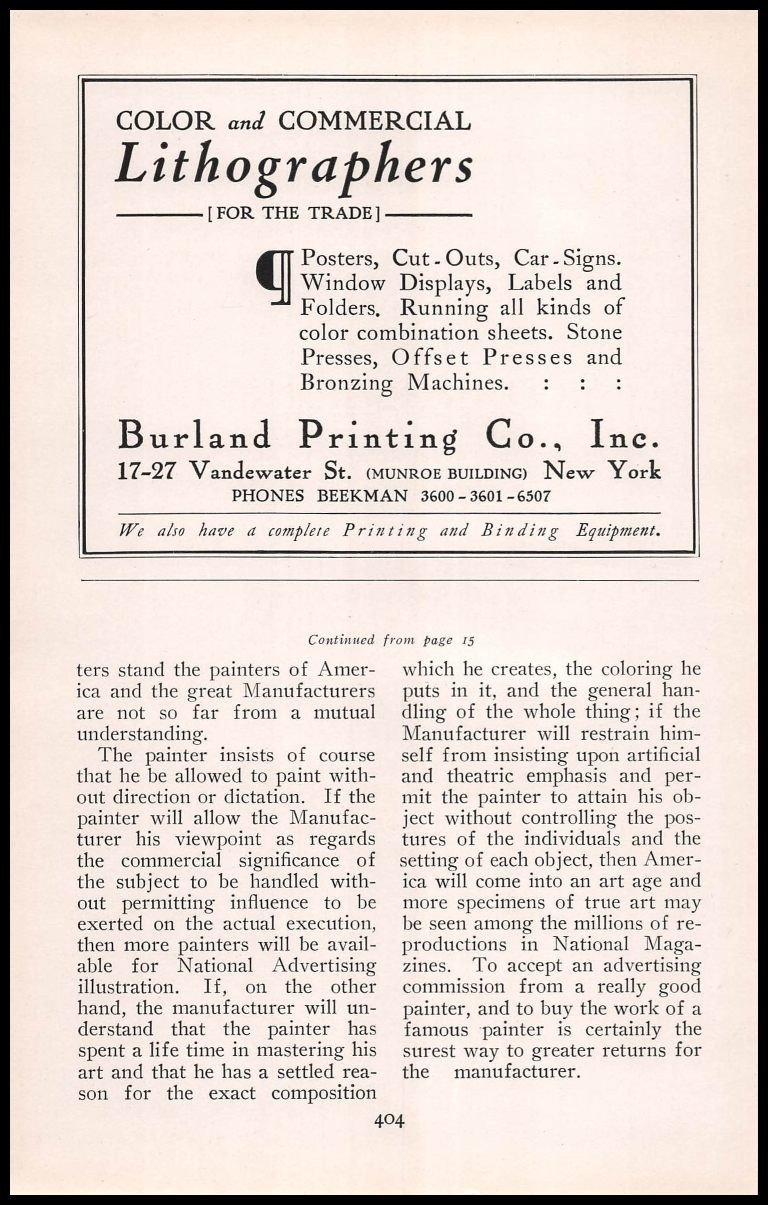 1924 Burland Printing Co New York City Color & Commercial Lithographers Print Ad