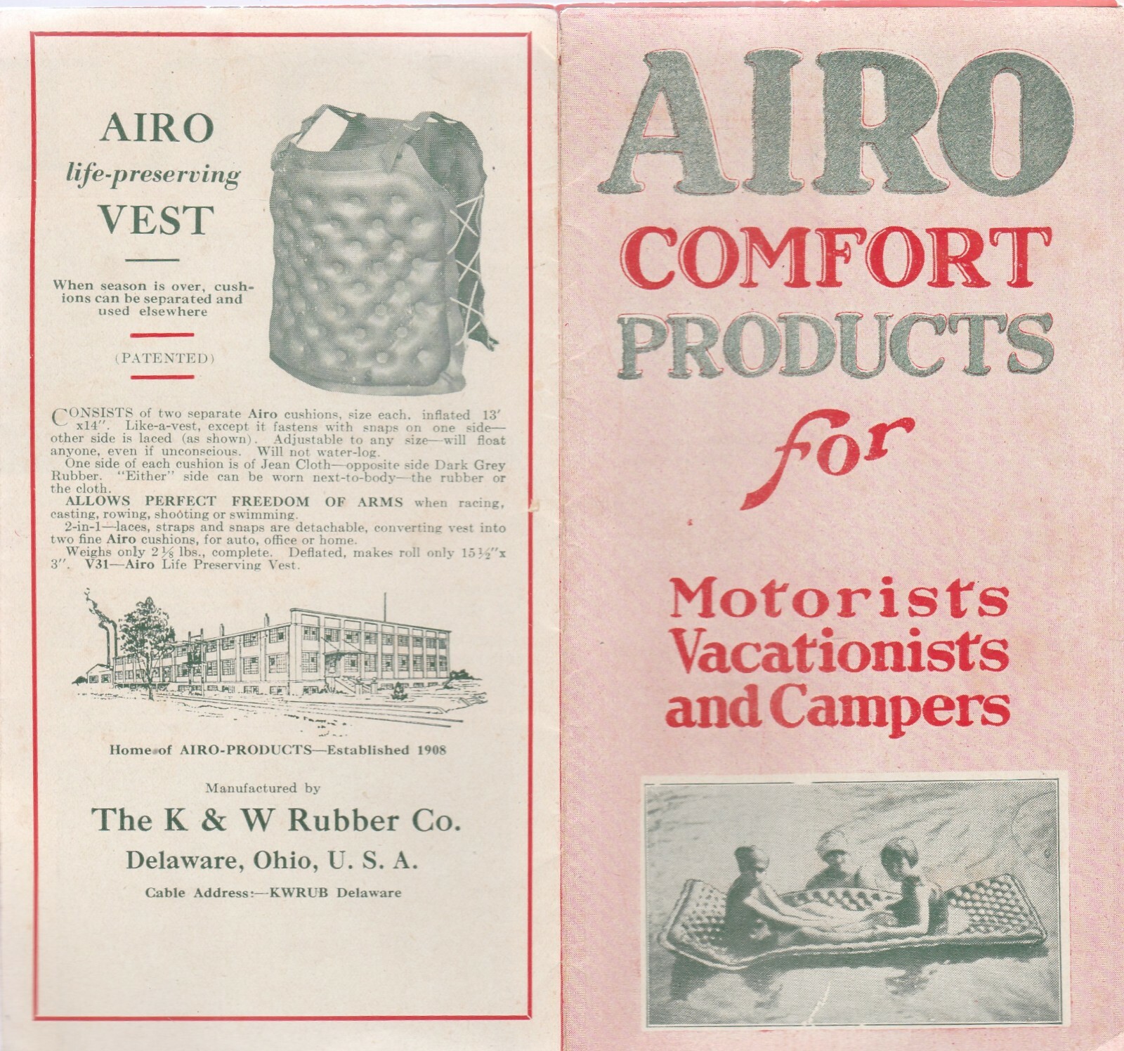 AIRO COMFORT PRODUCTS FOR MOTORISTS,VACATIONISTS,CAMPERS-VINTAGE BROCHURE