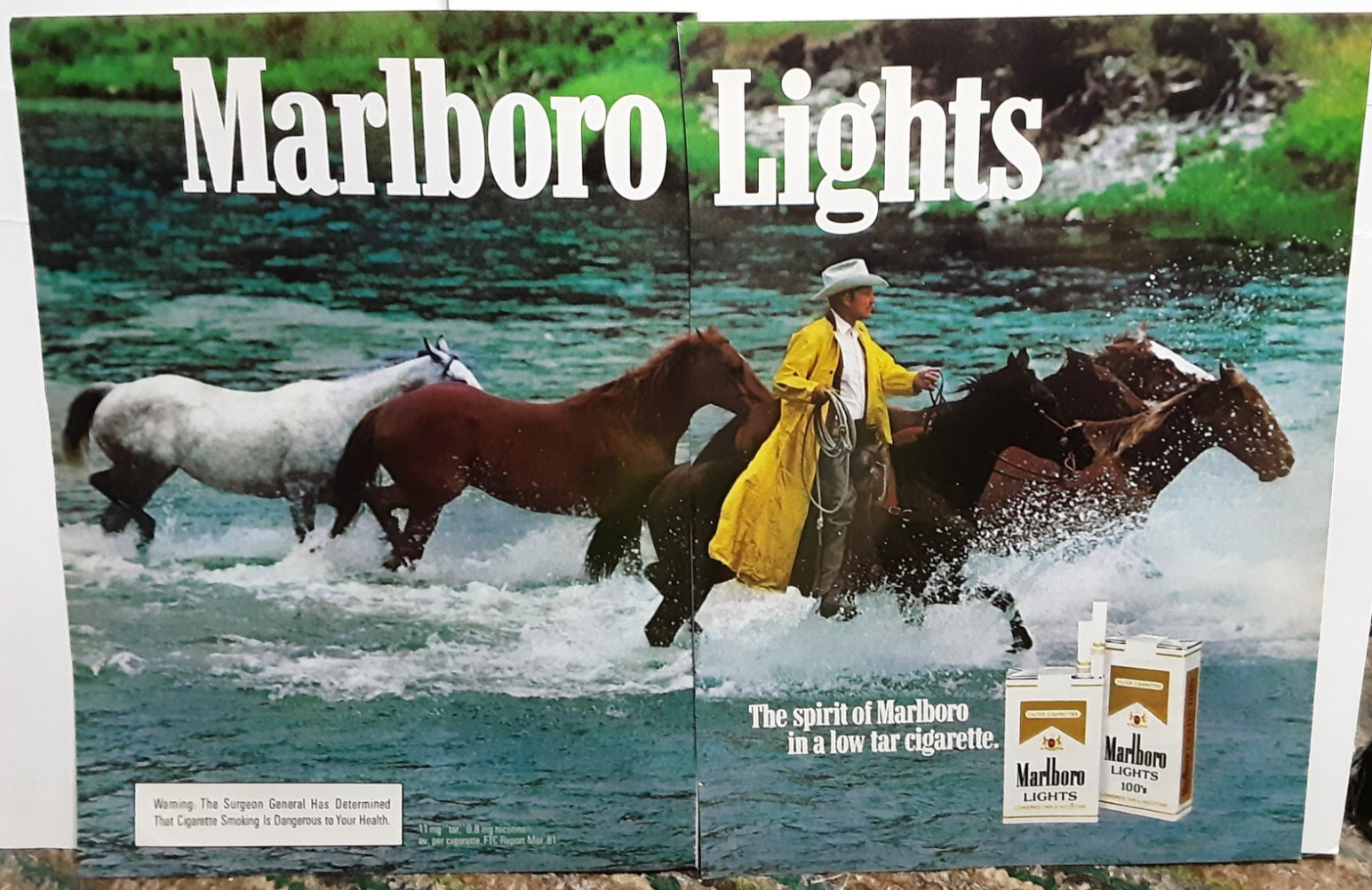 1982 Marlboro Lights Cigarettes Cowboy with Horses Original Print Ad 80s
