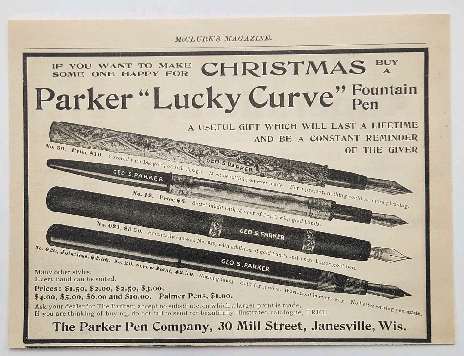 1901 Parker Pen Fountain Victorian Original Print Ad 1900’s Janesville WI