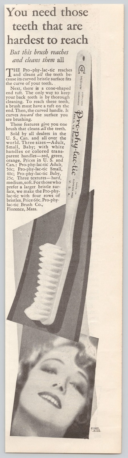 Pro-phy-lac-tic Toothbrush Florence Mass Baby Adult 1927 Vintage Print Ad