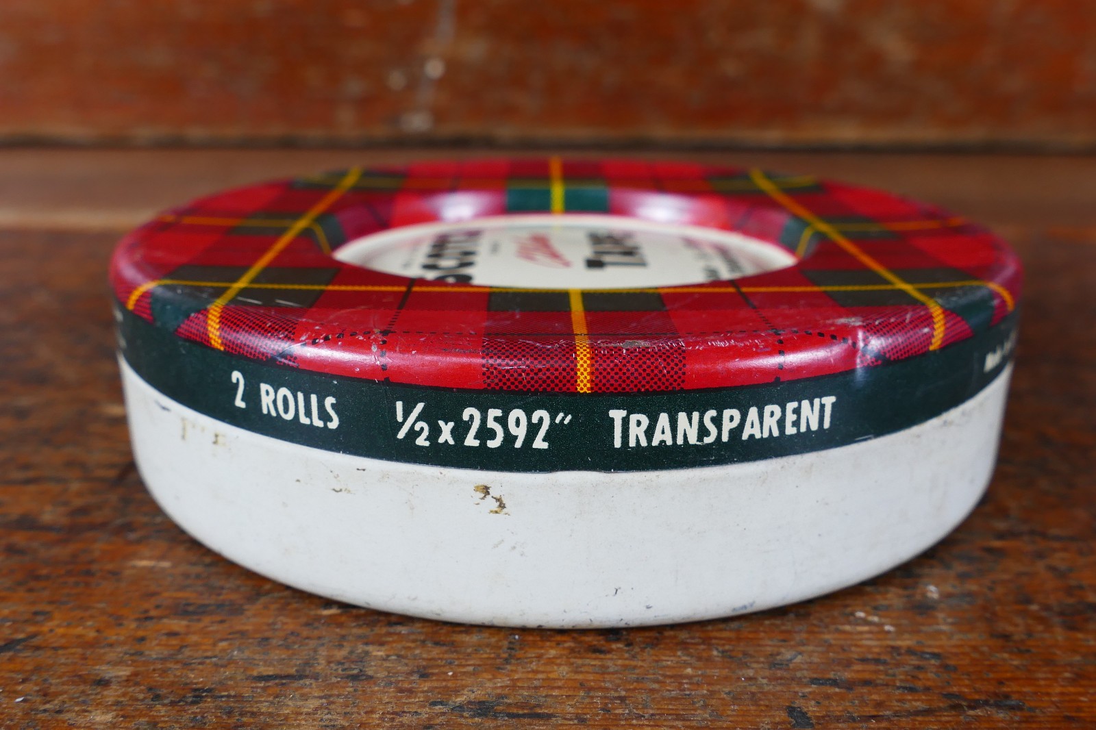 Vintage Scotch Cellophane Tape Plaid Colors Round Metal Tin Box Empty 5″