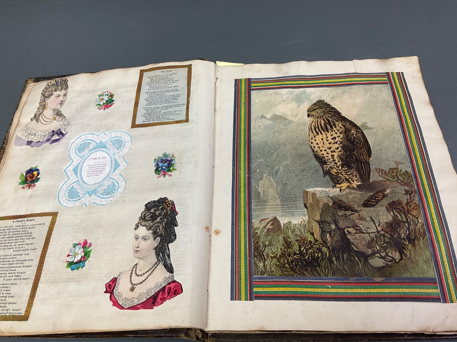 1860’s Antique Victorian Scrap Book Album Die Cuts, inside Leather bound Bible