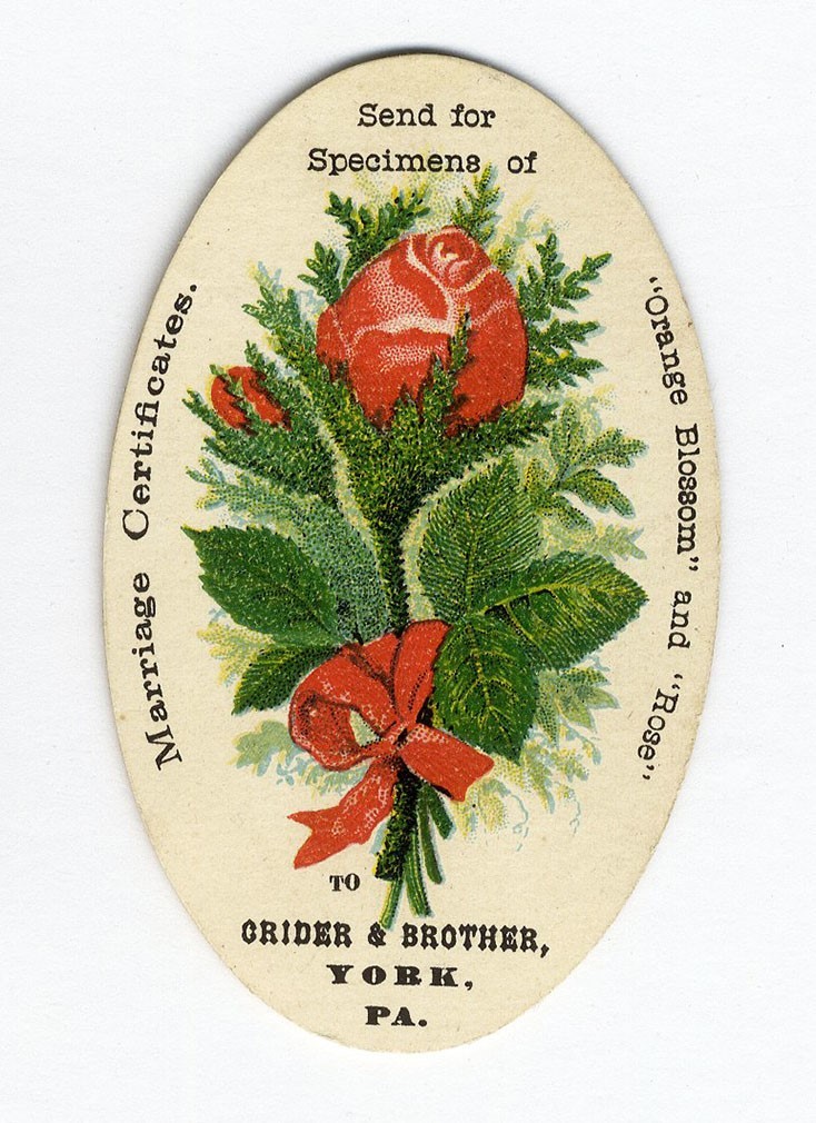 York PA CRIDER & BROTHER Marriage Certificates Booksellers VICTORIAN Trade Card
