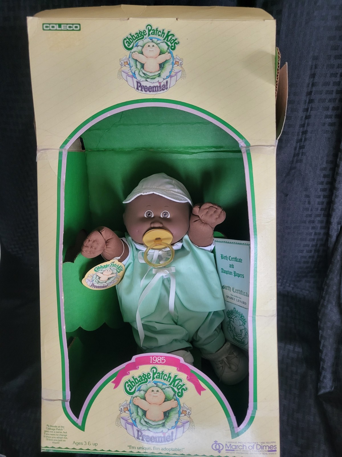 1985 African American Cabbage Patch Kids Preemie Doll “Sparky Lenard”