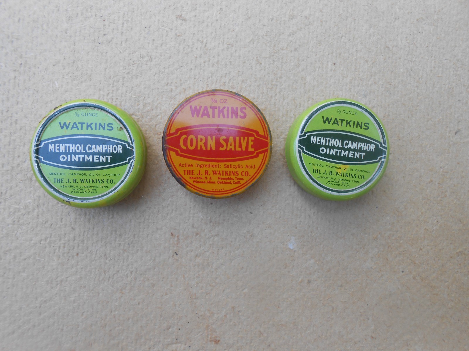 Lot of 3 WATKINS 3/8 oz Sample Tins: 2 x Menthol Camphor Ointment & 1 Corn Salve