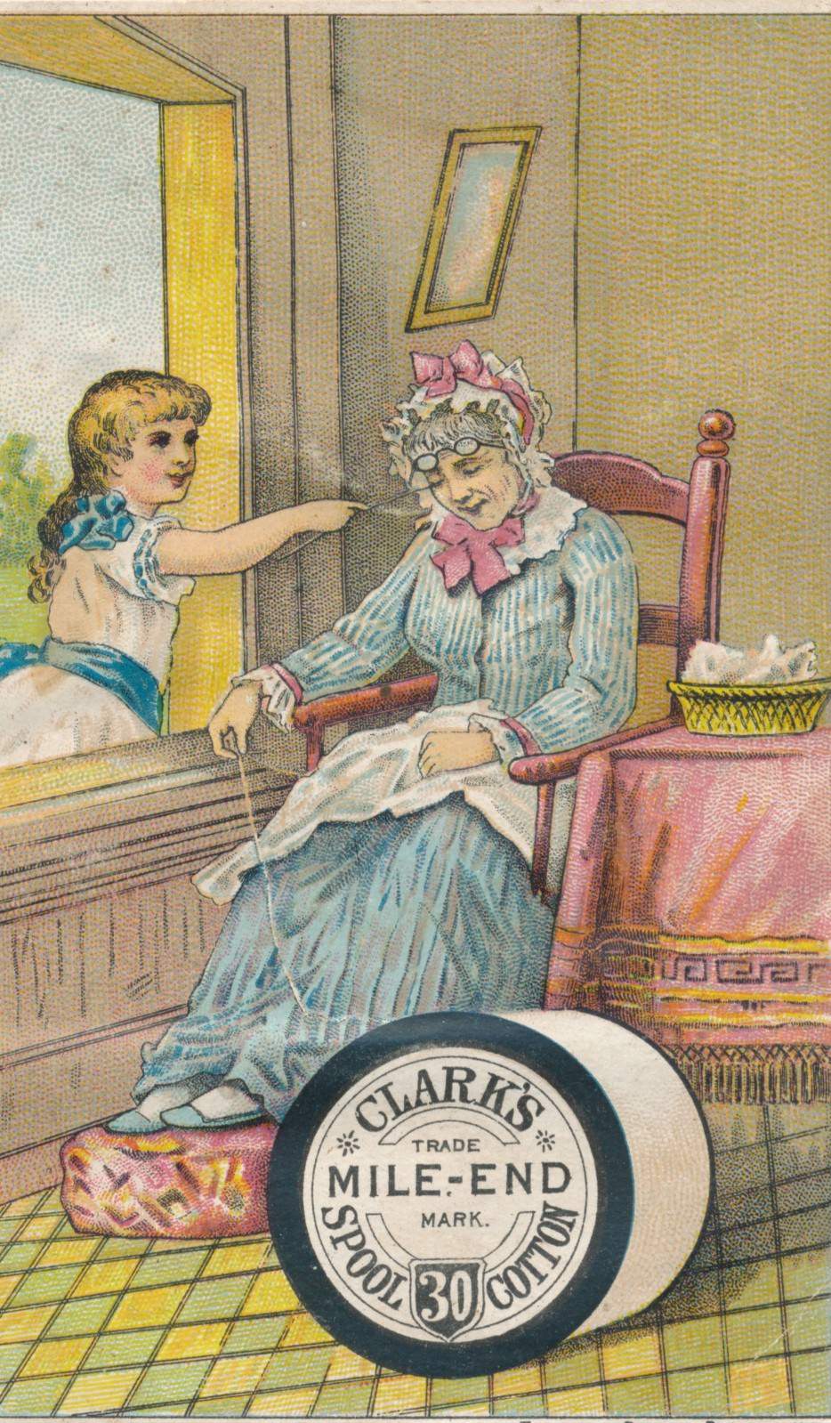 1890-1899 Clark’s Thread, Girl Tickling Sleeping Old Lady Victorian Trade Card