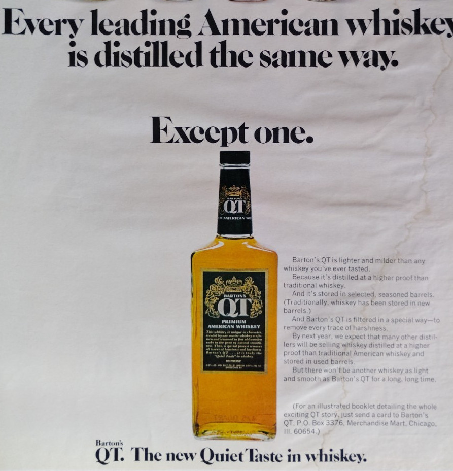 Vintage Retro 1971 Ad Quiet Taste Barton’s QT American Whiskey Higher Proof