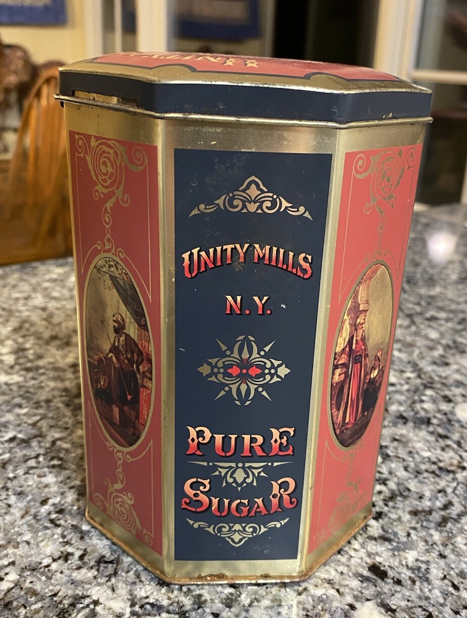 Pure Sugar Unity Mills NY Collectors Tin with Hinged Lid England J.R. Anthorn