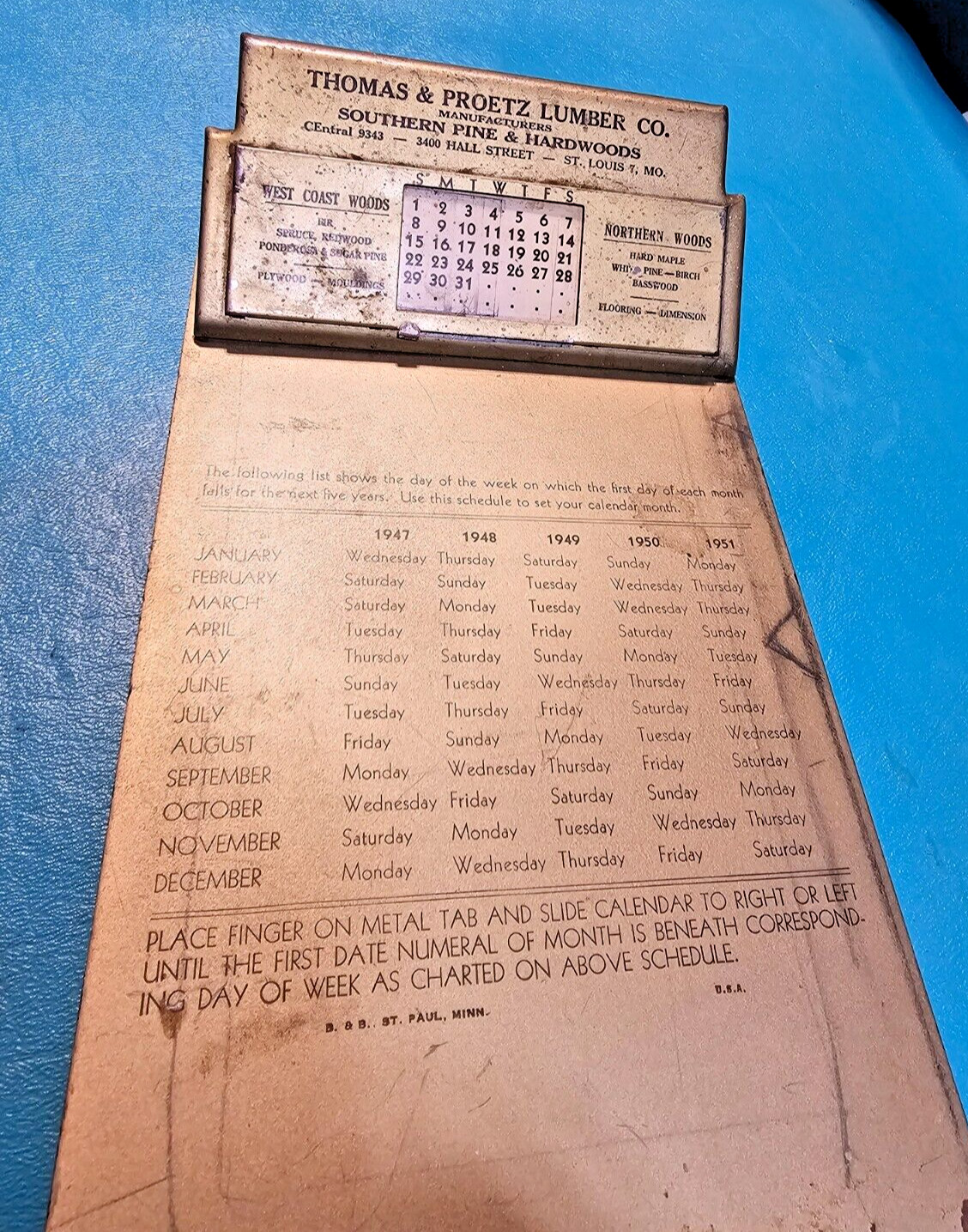 Thomas Proetz LUMBER Co Calendar Clipboard Five Year Sliding 1947 1951 Vintage