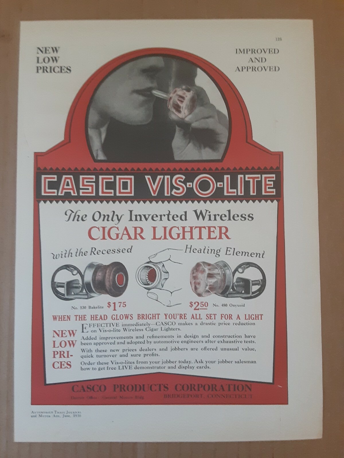 1930 Casco Vis-O-Lite Cigar Lighter Ad Bridgeport Connecticut Cigarette