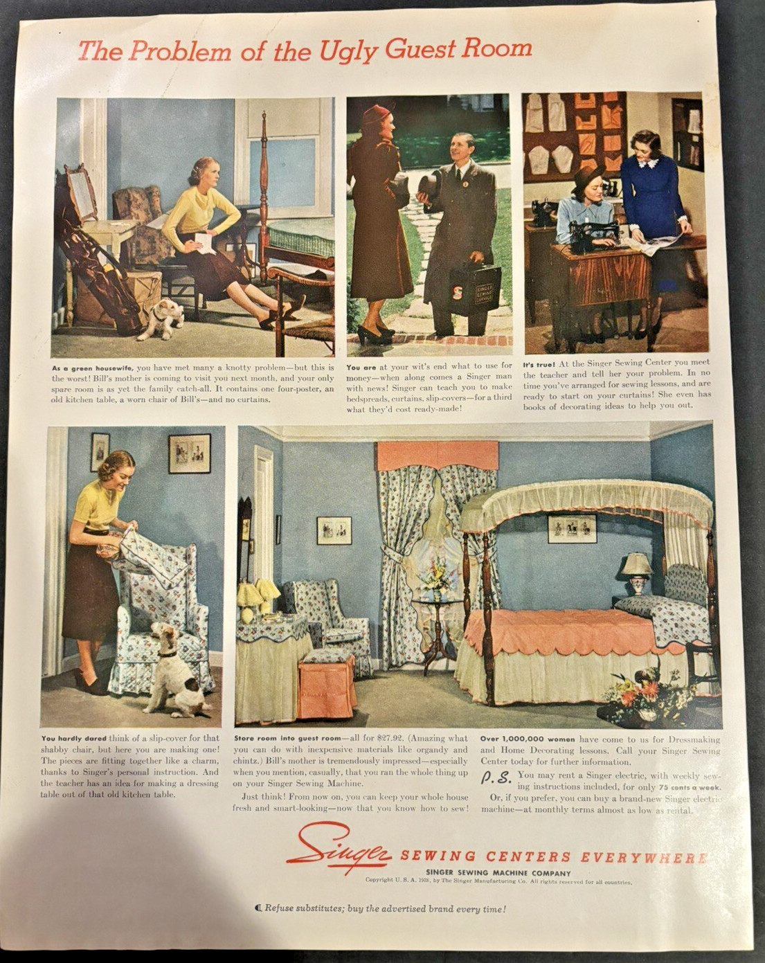 Vtg 1930s Singer Sewing Machine AD, The Problem with the Ugly Guestroom