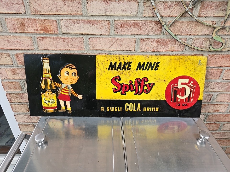 Orig 1940s Spiffy 5 Cent Cola Embossed Advertising Sign Spiffy Boy Country Store