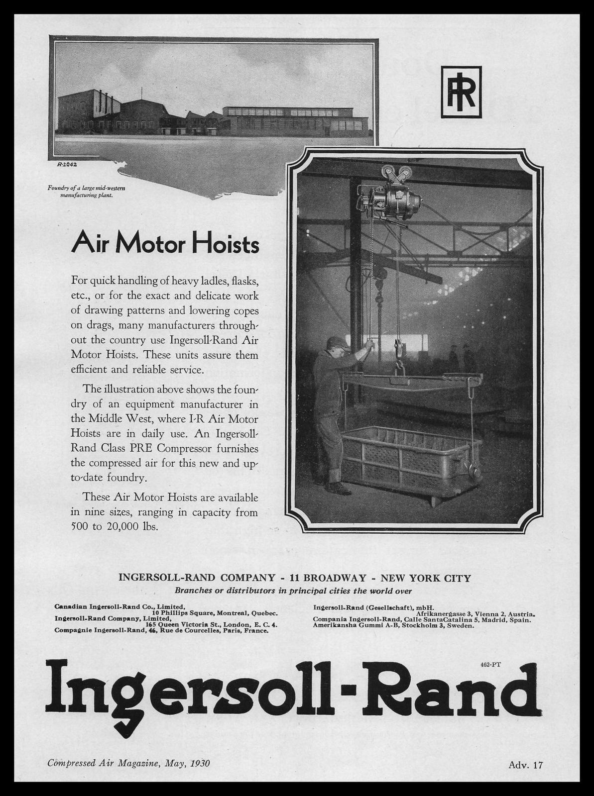 1930 Ingersoll Rand New York Air Motor Hoists Photos PRE Compressors Print Ad