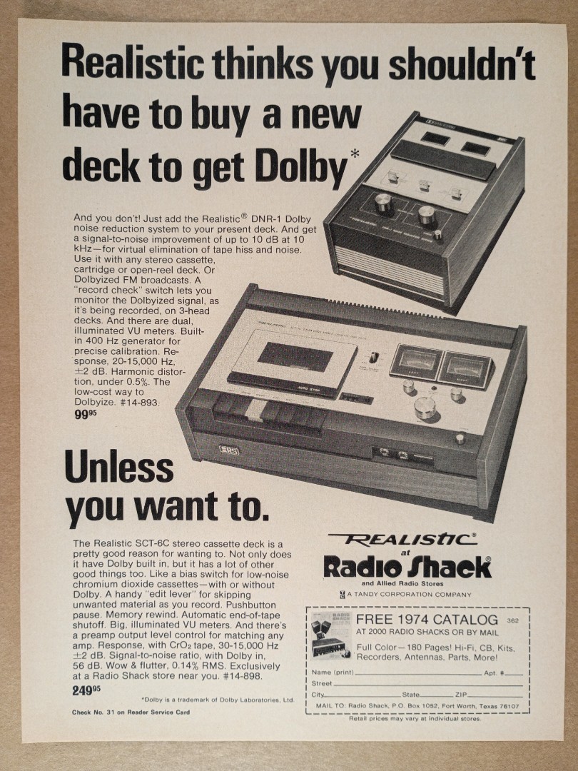1974 Realistic SCT-6C Cassette Deck DNR-1 Noise Reduction vintage print Ad