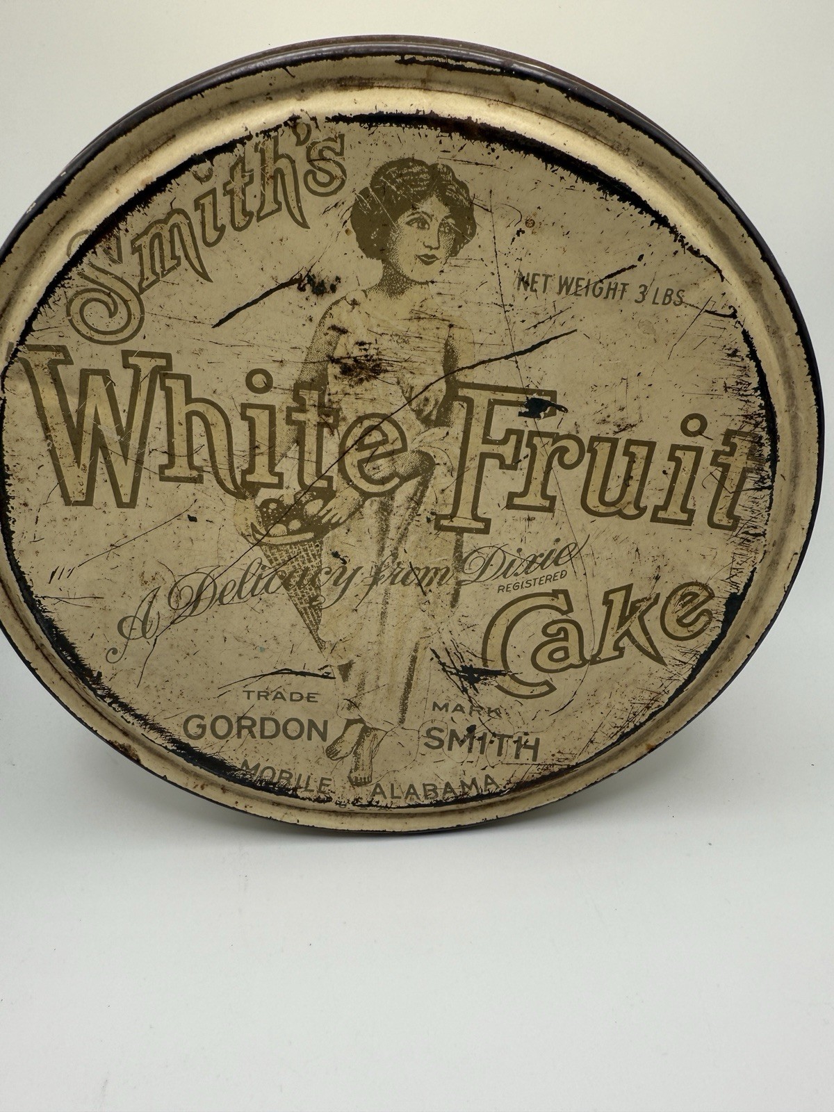 Antique Smith’s White Fruit Cake Tin Gordon Smith Mobile Alabama Advertising Can