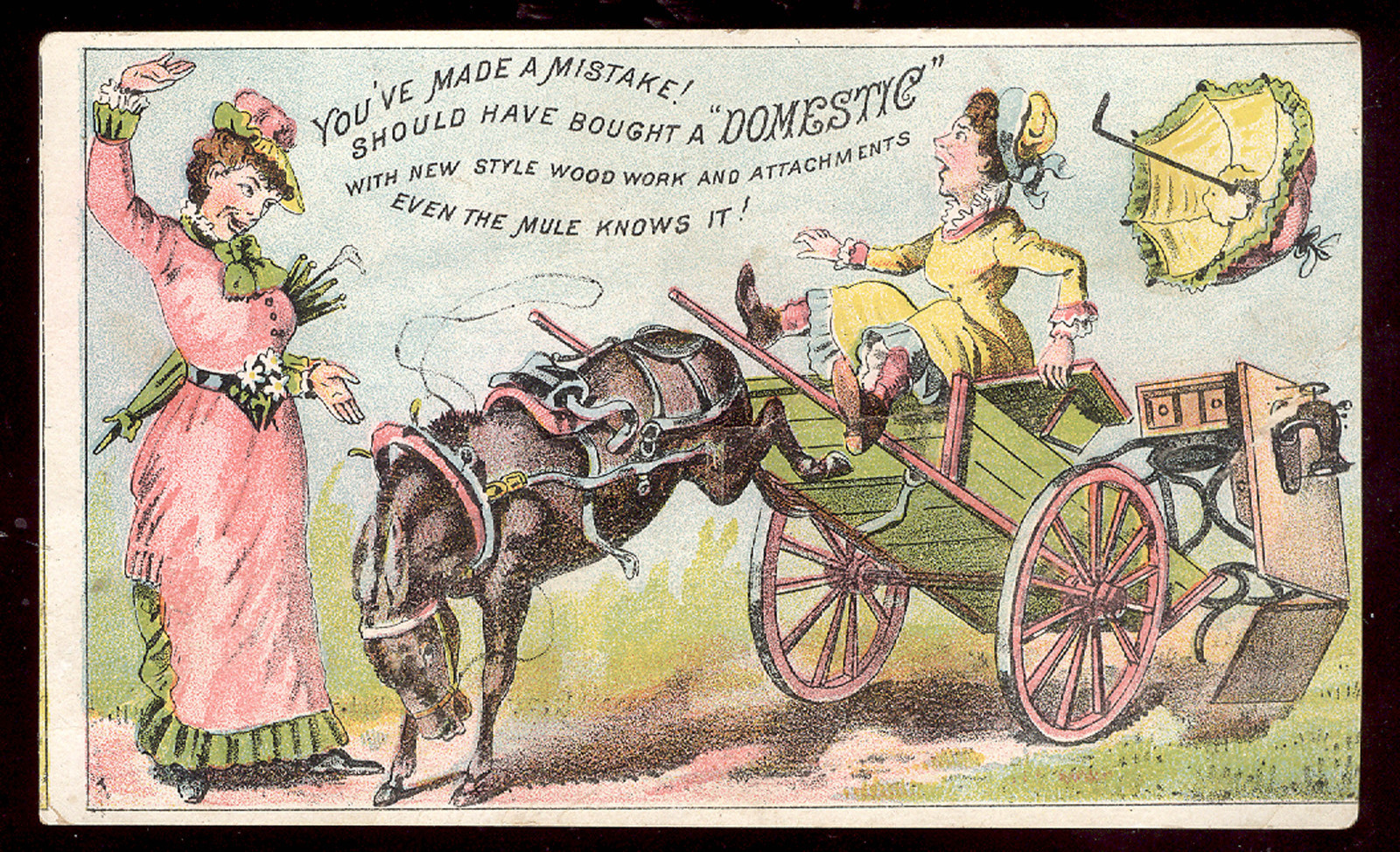 BANGER ME, DOMESTIC SEWING MACHINE TRADE CARD, MULE KICKING UP A STORM Z272