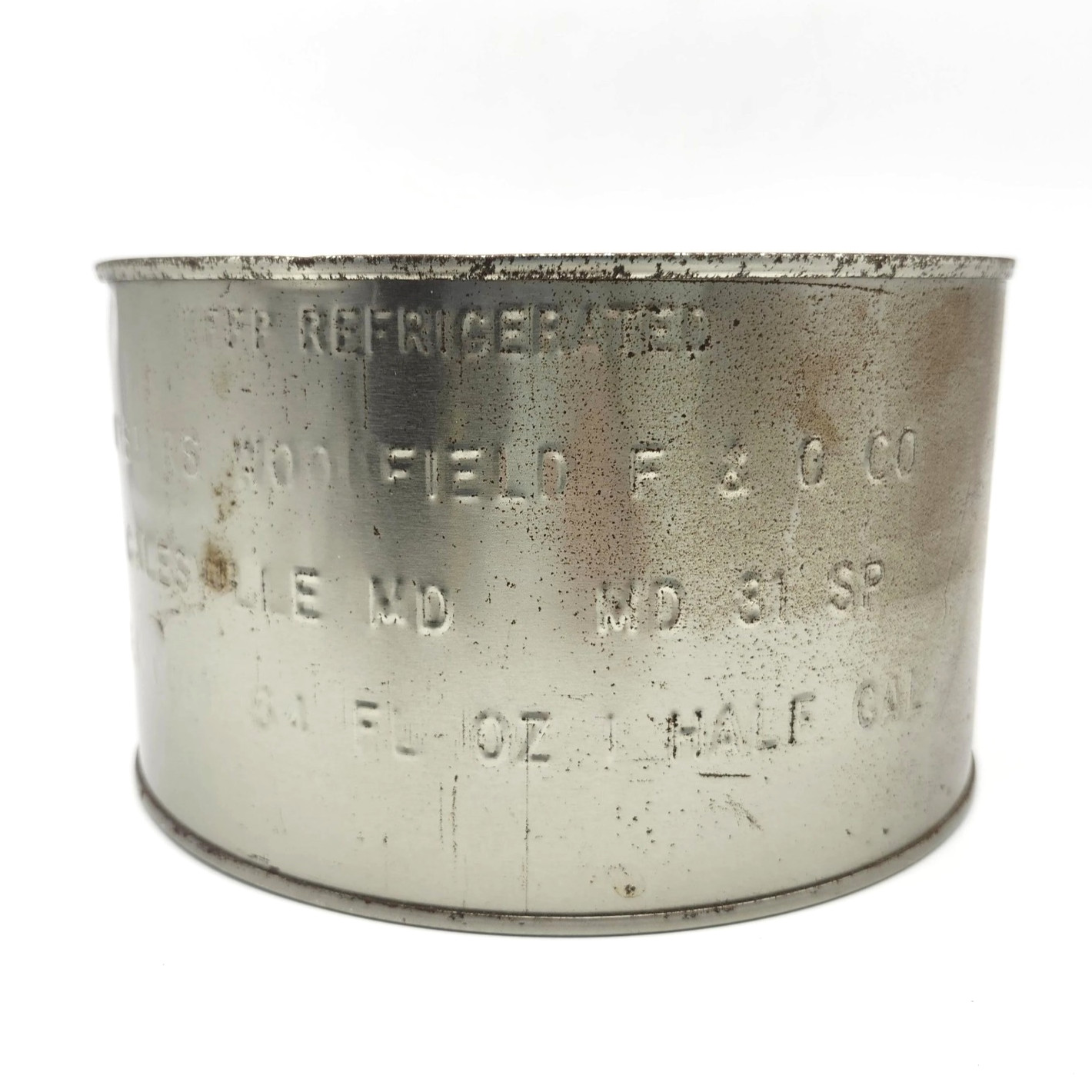 Woodfield Oysters Tin Can Plain Embossed Galesville MD 1/2 Gallon 64 Oz Seafood