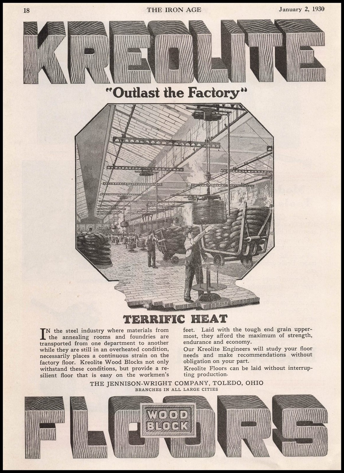 1930 Jennison Wright Company Toledo Ohio Kreolite Wood Block Flooring Print Ad