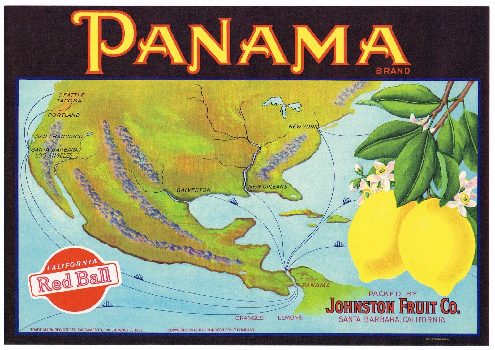 ORIGINAL LEMON CRATE LABEL PANAMA CANAL MAP SANTA BARBARA VINTAGE 1940 PORTLAND