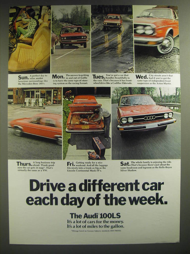 1974 Audi 100LS Car Ad – Drive a different car each day of the week