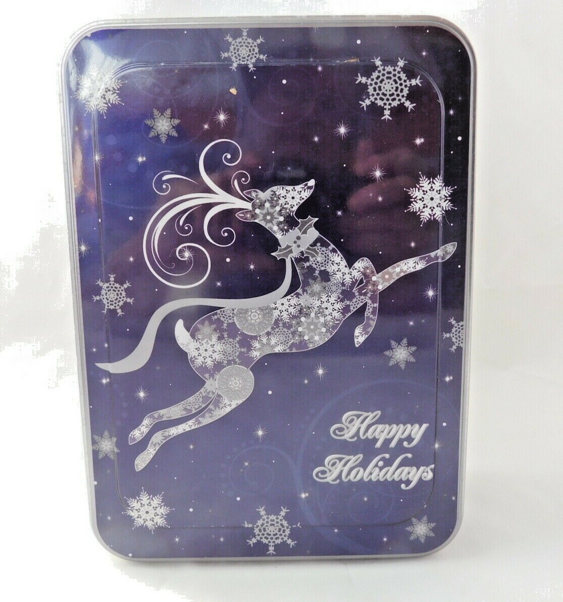 Elegant Dark Blue Christmas Tin with Reindeer and Snowflakes “Happy Holidays”