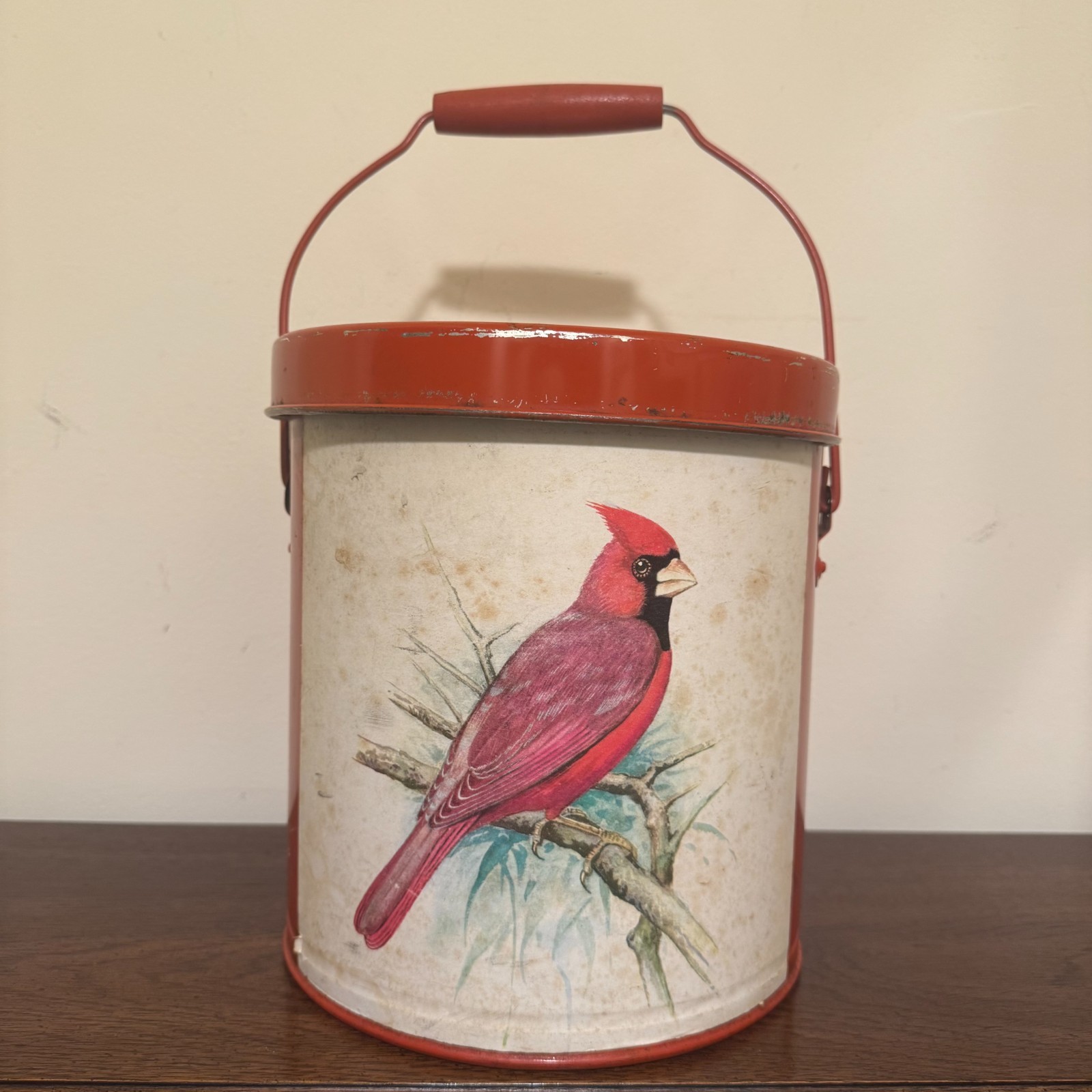 Vintage Keller-Charles Philadelphia Cardinal Bird Tin Pail Canister Wood Handle