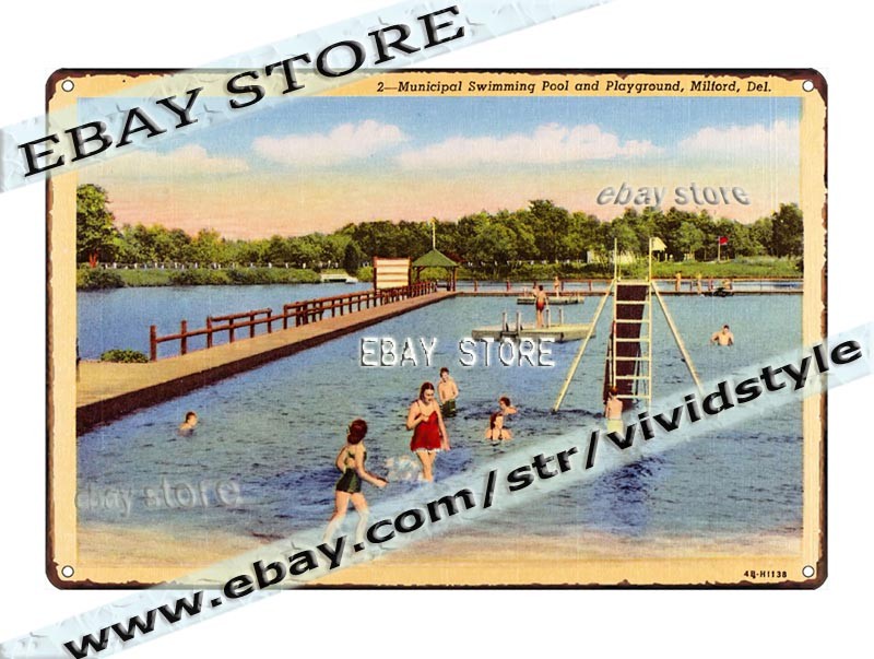 1944 Municipal Swimming Pool Milford Delaware Recreation Park Tin Sign garage