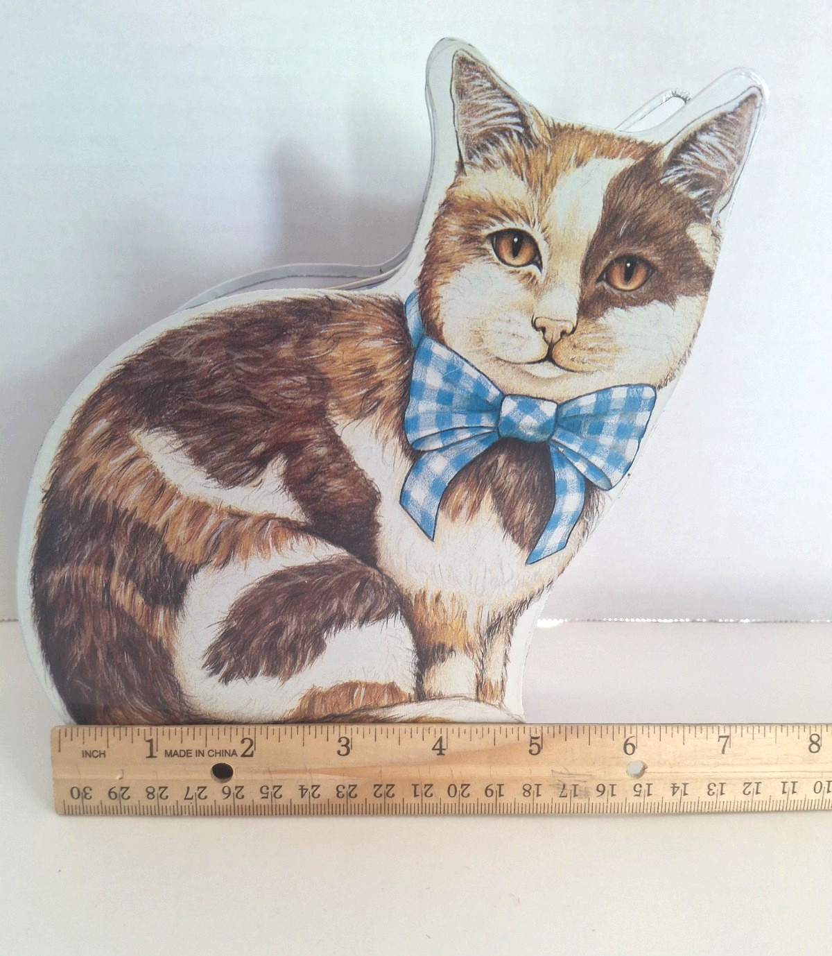 Vintage Multicolor Cat Cookie Tin Trinket Box w/ Blue Bow Collectible Decor