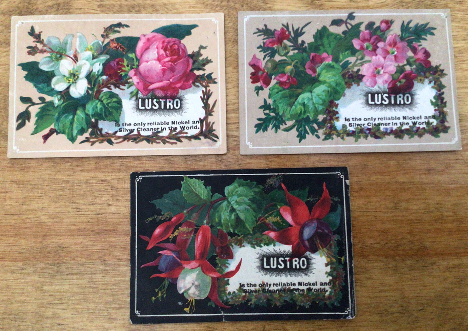 Lot Of 3 Victorian Trade Cards, LUSTRO Nickel And Silver Polish, Floral Designs