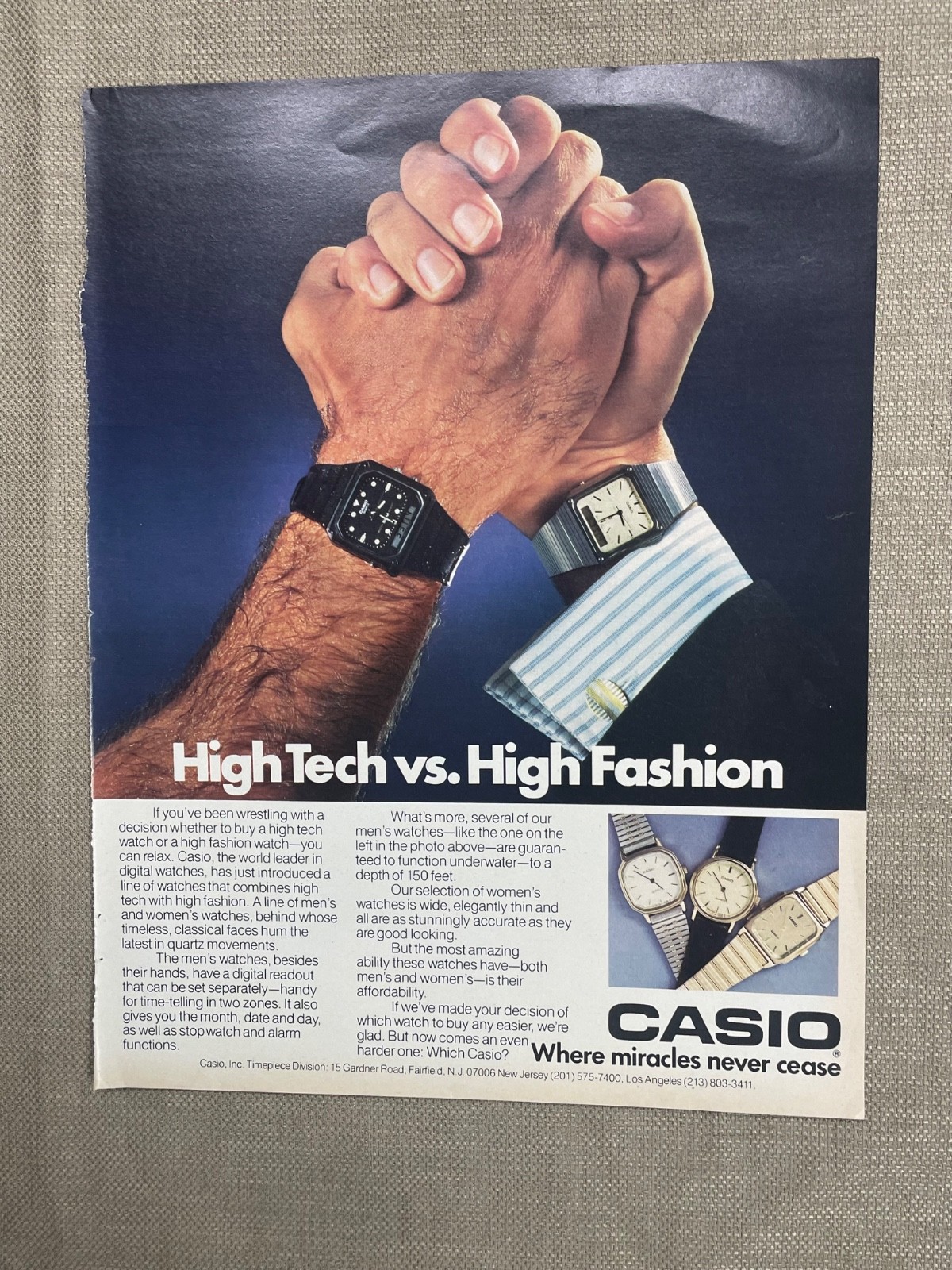 Casio Handshake Meme High Tech vs High Fashion Magazine Advertisement Ad 1980s