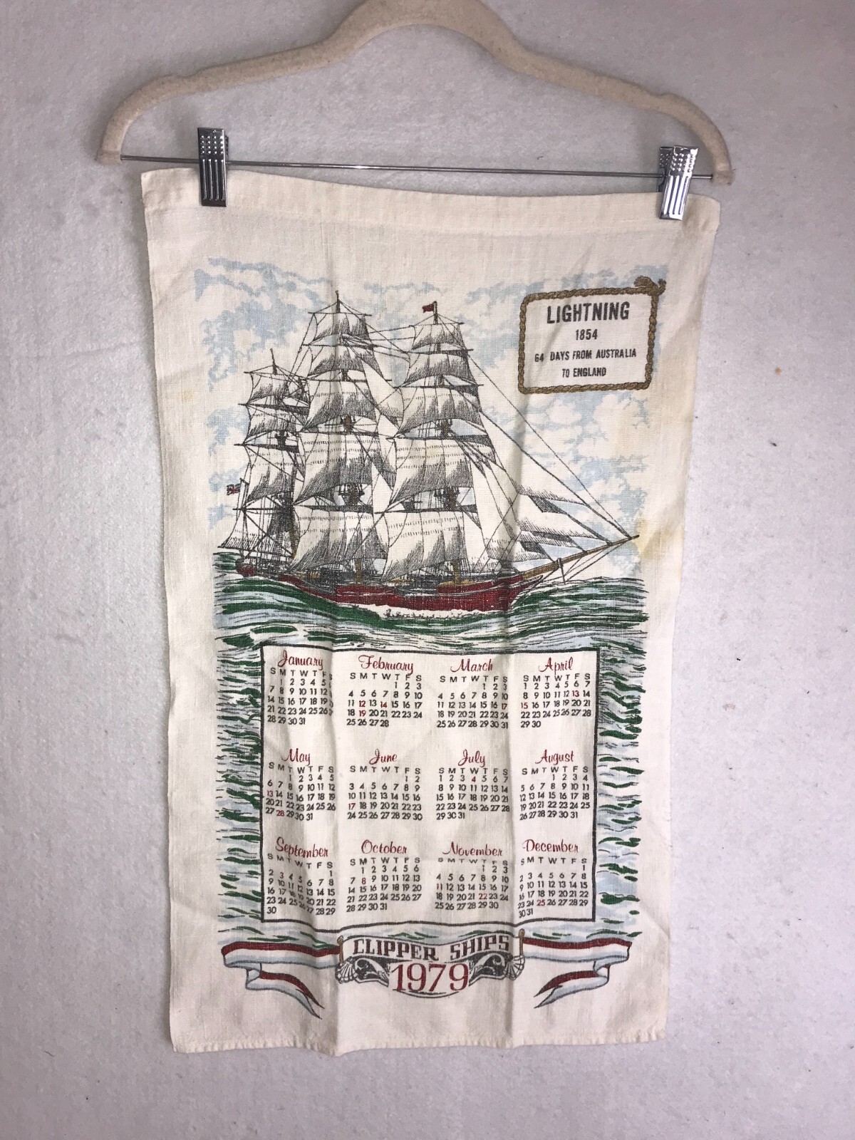 Wall Hanging Calendar 1979 Clipper Ships Lightning 1854 Ship Sea Vintage Roll Up