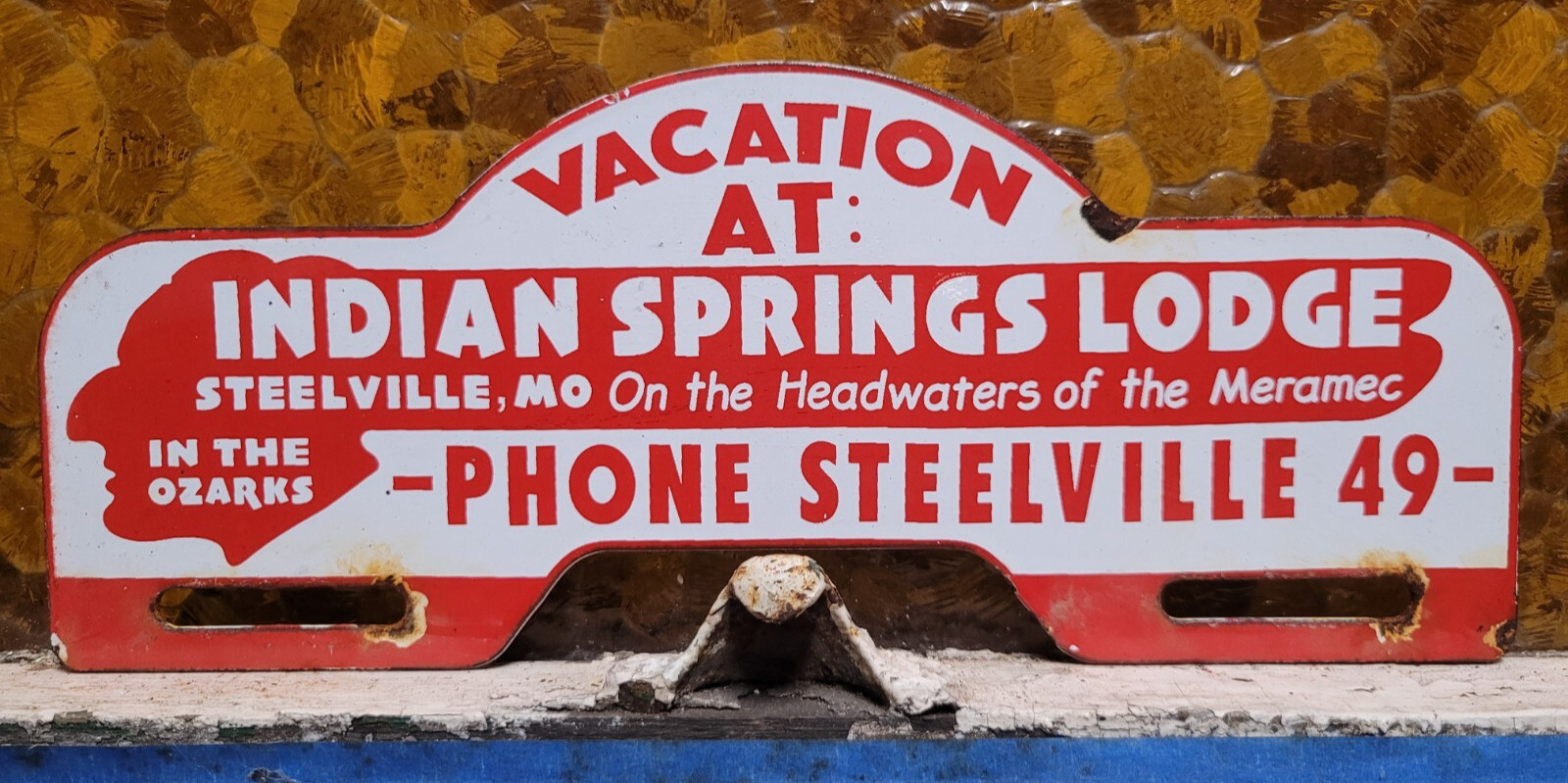 VINTAGE INDIAN SPRINGS LODGE PORCELAIN SIGN OZARKS CAMPING LAKE CABIN TAG TOPPER