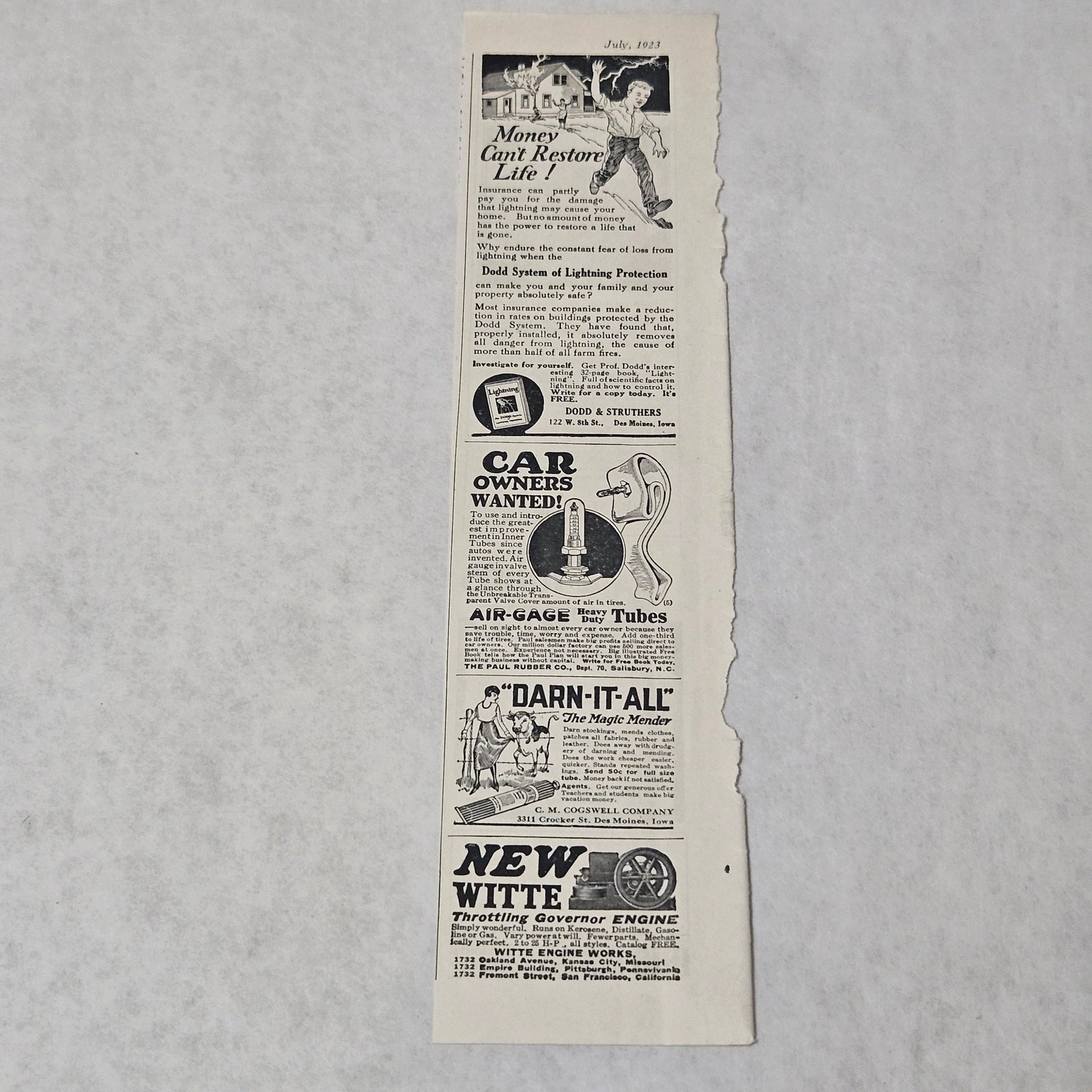 Dodd System of Lightning Protection Print Ad 1923 Money Can’t Restore Life!
