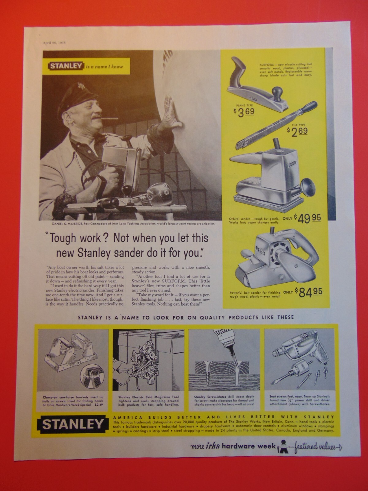 1958 STANLEY Wood Sanding Tools photo art print ad