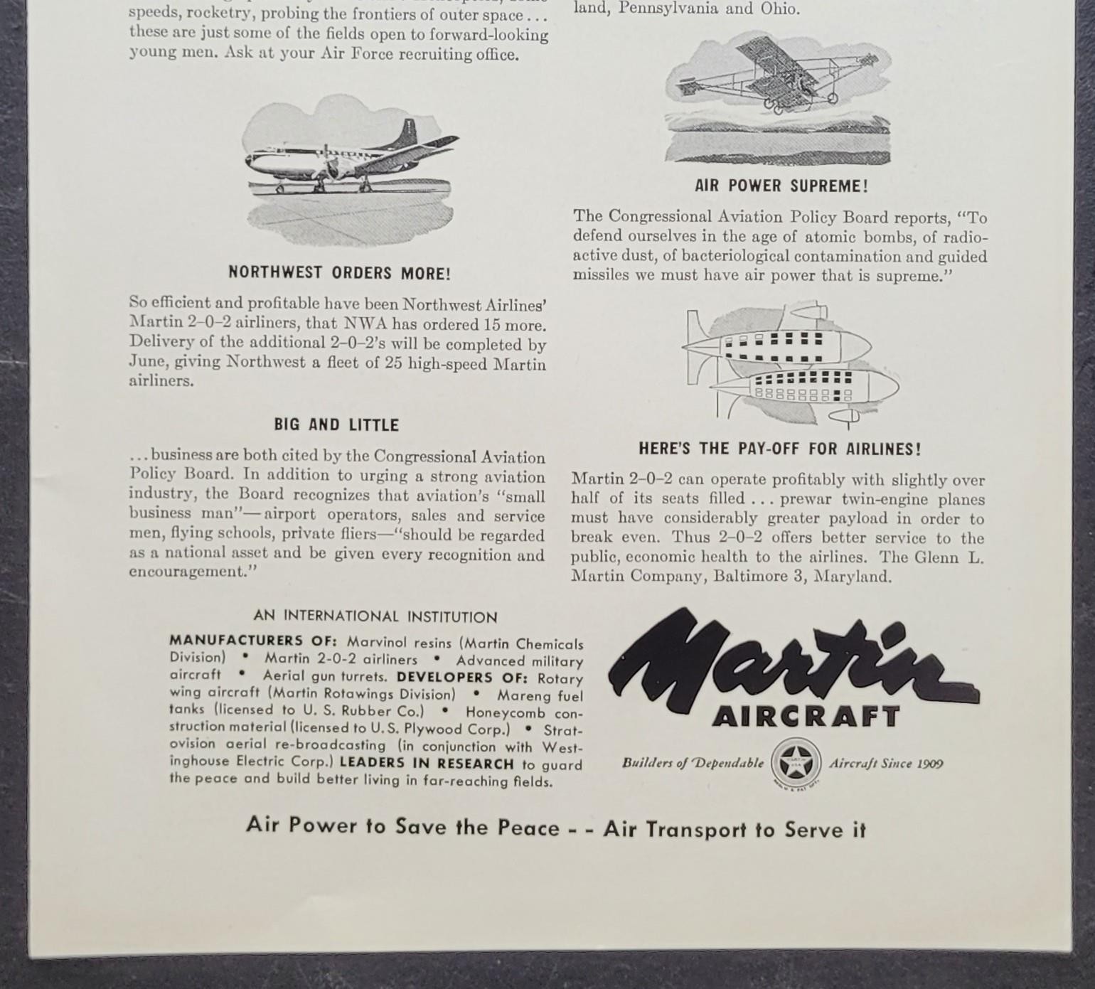 1948 Martin Aircraft More POWER to the USA! Vintage Print Ad Post War WW2 a158