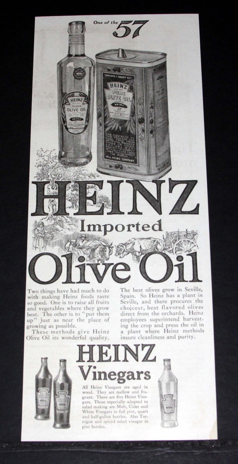 1917 OLD MAGAZINE PRINT AD, HEINZ 57 FOODS-IMPORTED OLIVE OIL & HEINZ VINEGARS!