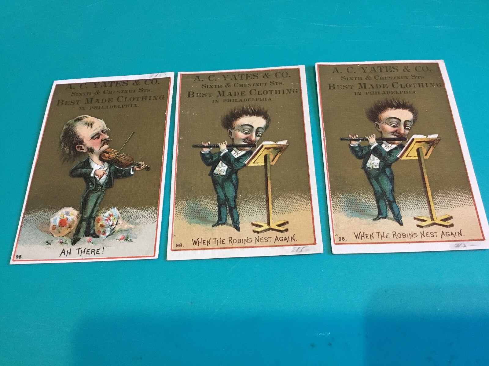 THREE VICTORIAN ADVERTISING CARDS A.C.YATES &CO.LINEN MUSICIANS MOTIF
