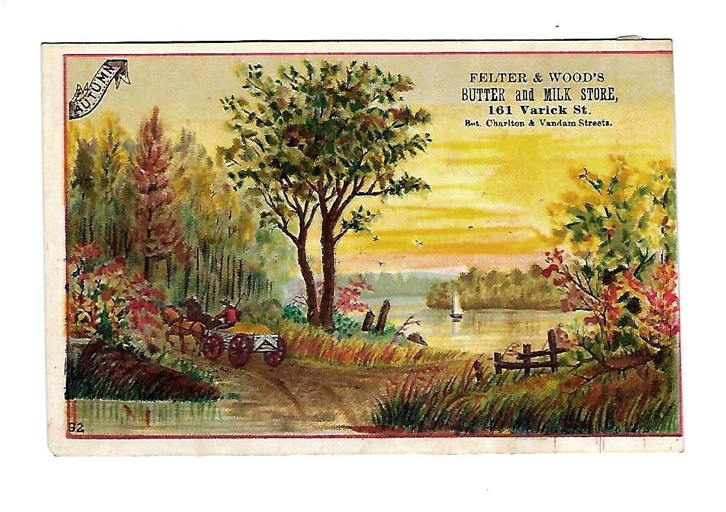 c1880’s Trade Card Felter & Wood’s Butter Store, Thompsons Pies a Specialty
