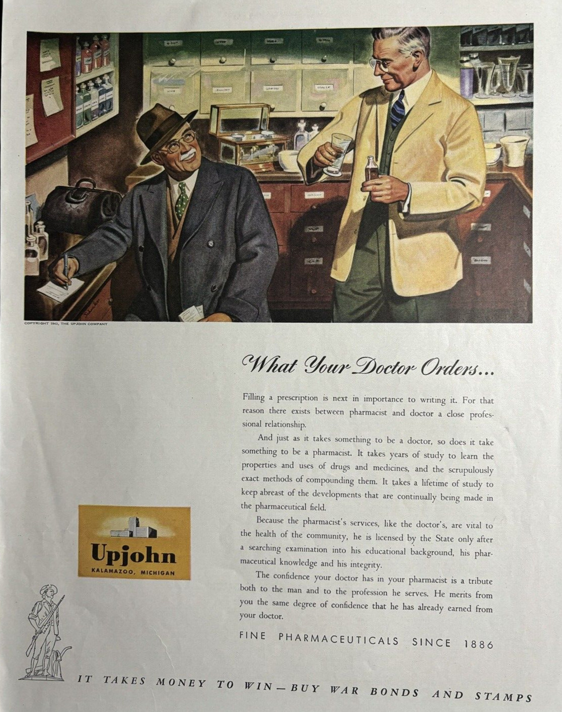 1943 Upjohn Pharmaceuticals Doctors Orders War Bonds WW 2 Era Vintage Print Ad
