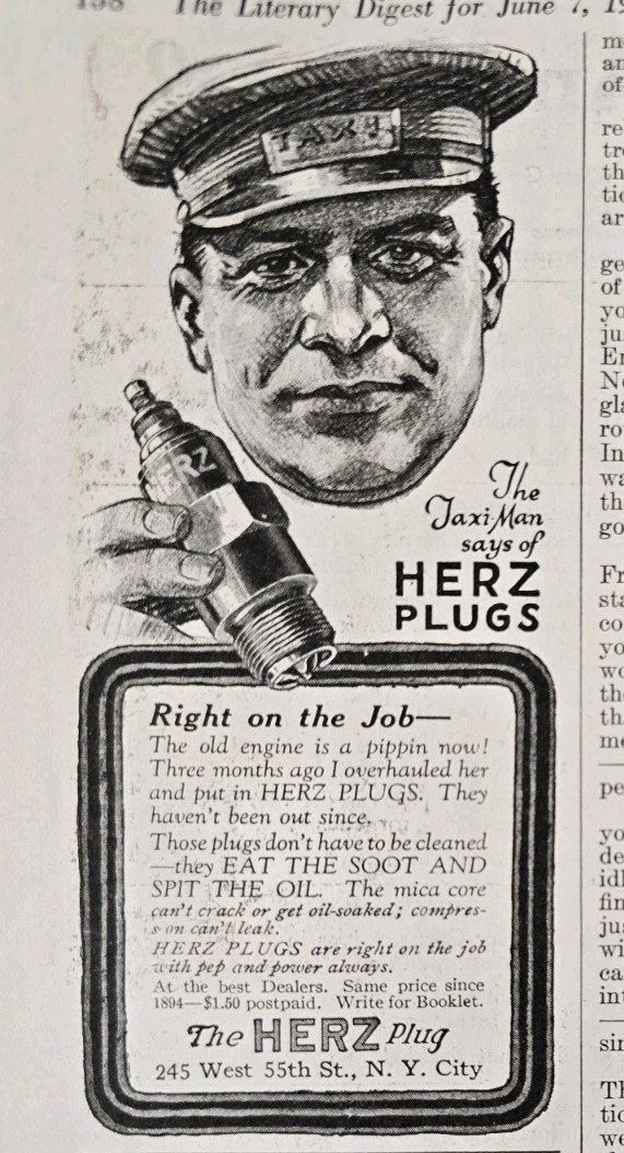 1919 Herz Spark Plugs The Taxi Man Right on the job Vintage Ad