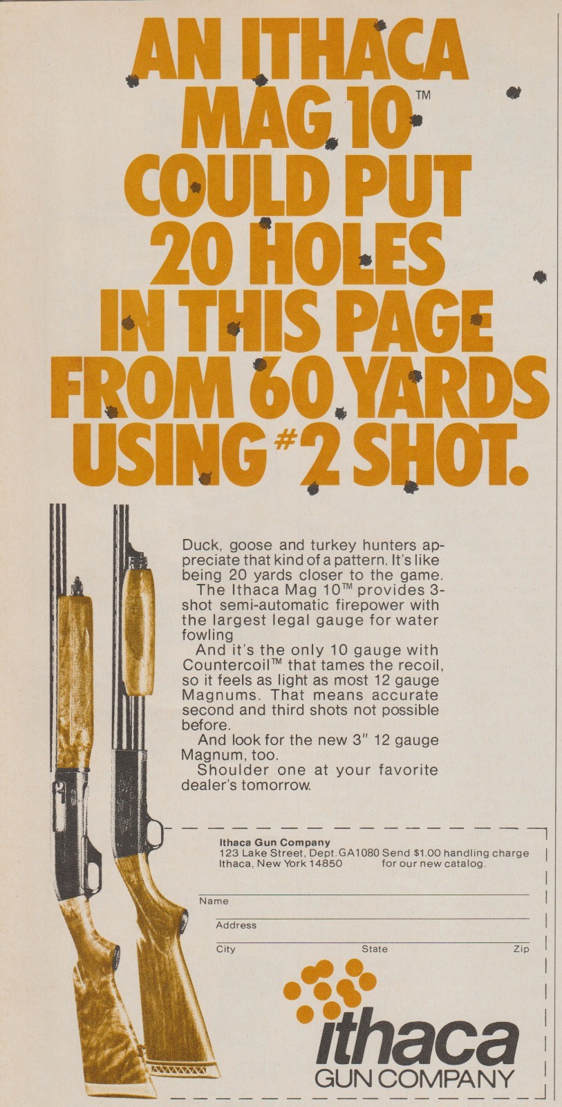 1980 Ithaca Gun Co. – Mag 10 Shotguns – “Put 20 Holes” – Magazine Print Ad Photo