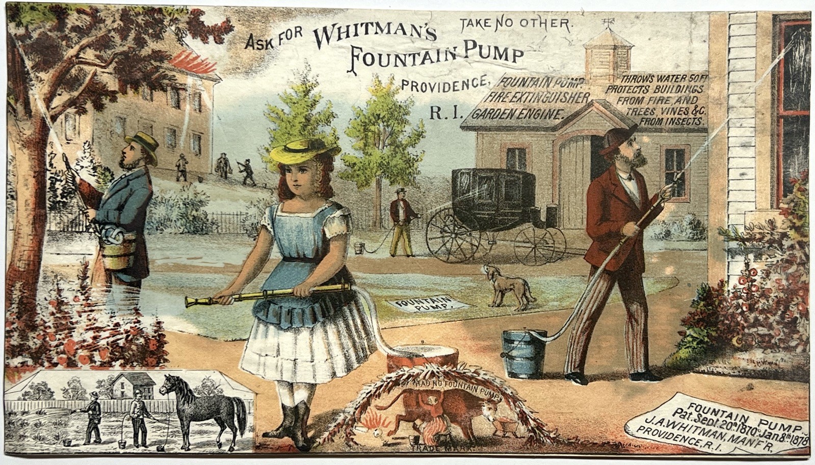 1878 WHITMAN FOUNTAIN PUMP FIRE EXTINGUISHER tradeCARD PROVIDENCE RI INSECTICIDE