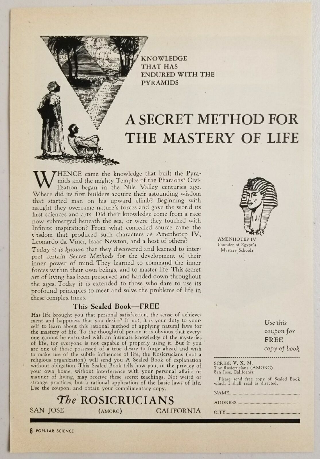 1950 Print Ad The Rosicrucians Secret Method Mastery of Life San Jose,CA