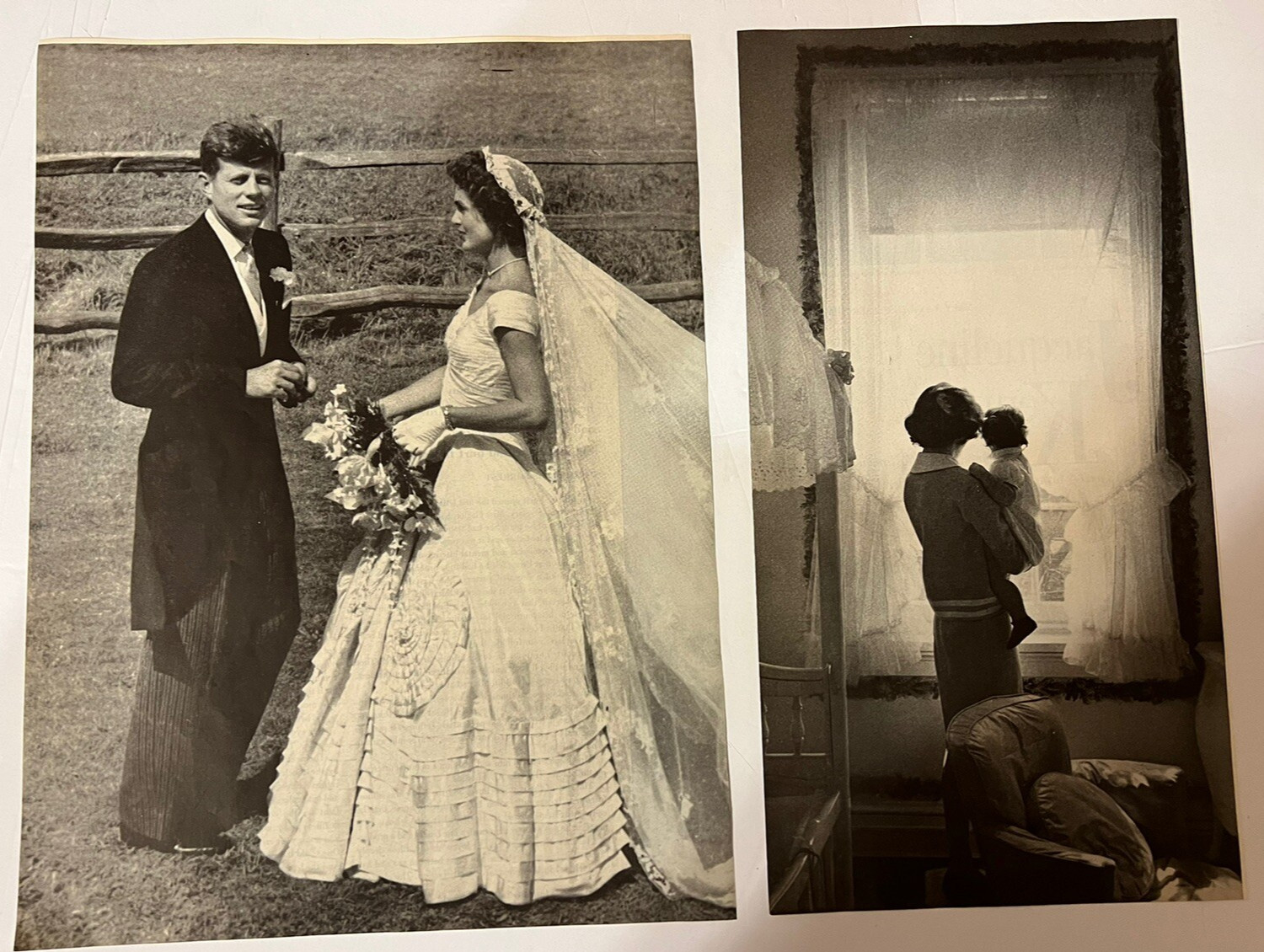 Vtg 1961 Mag Photos (2) JFK and Jackie Wedding and Jackie holding baby by window