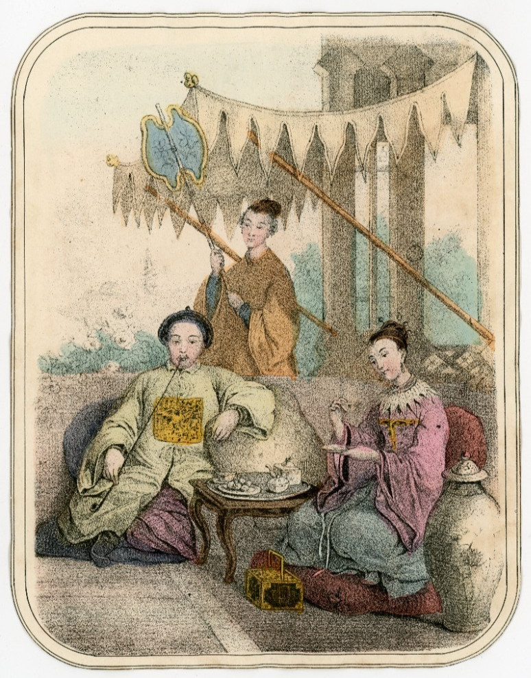 1870s-80s Hand Colored Chinese Scene Tea Smoking China #7K
